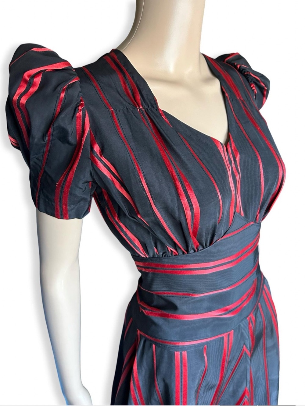Vintage Late 1930's Black + Blood Orange Red Chevron Striped Puff Sleeve Dress
